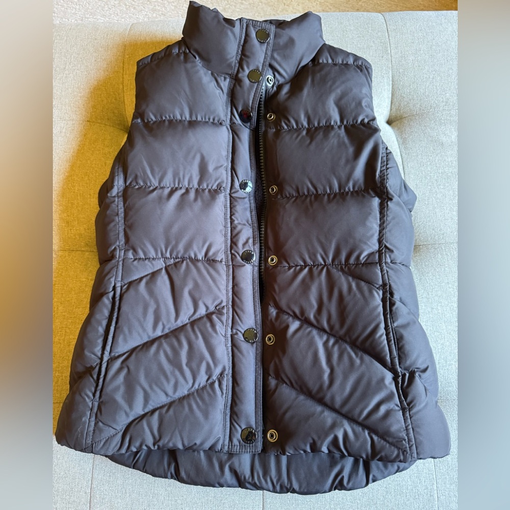 J. Crew Charcoal/black Lined Down Puffer Vest with two way zipper& snaps.